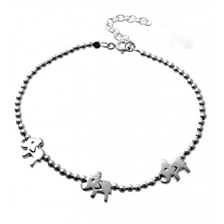 Pulsera bolas 3mm con elefantes de la suerte de Plata de ley 925